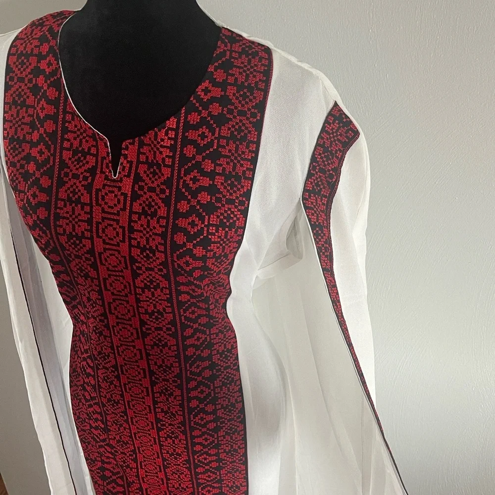 Red Black Embroidered Maxi Kaftan Dress with White Cape Overlay Size M - Picture 5 of 7